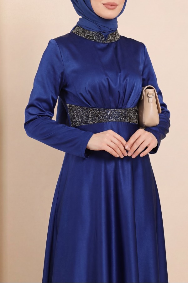 Satin Evening Dress with Stone Detail on Collar and Waist -Saxe 