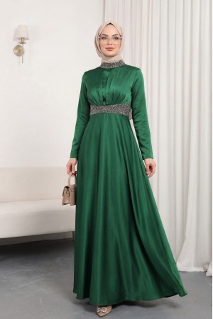 Satin Evening Dress with Stone Detail on Collar and Waist -Emerald