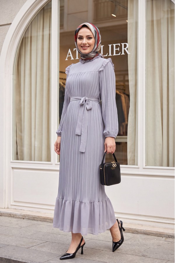 Front Robe Sleeves and Body Pleated Dress      -Grey