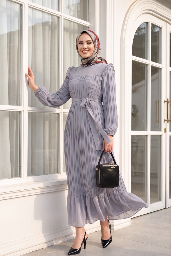 Front Robe Sleeves and Body Pleated Dress      -Grey