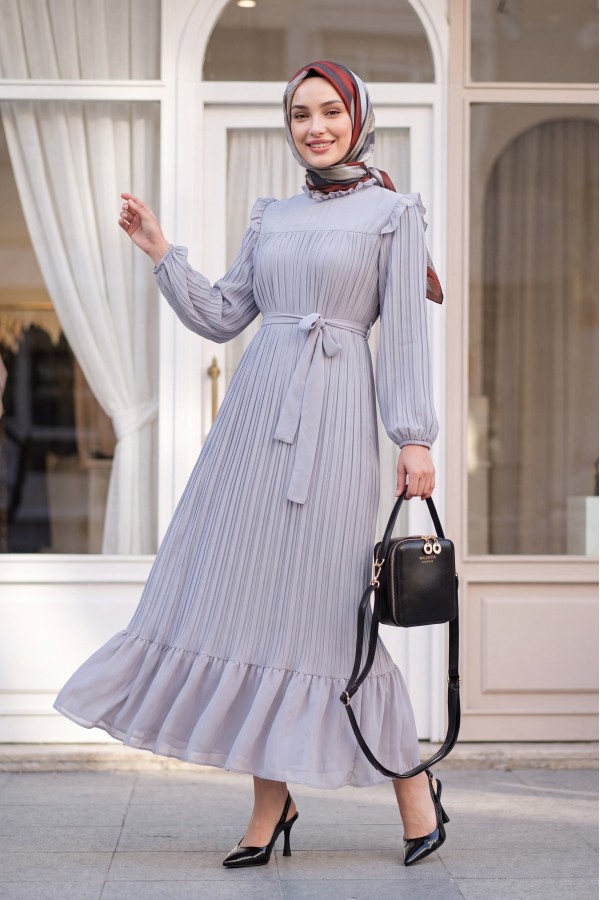 Front Robe Sleeves and Body Pleated Dress      -Grey