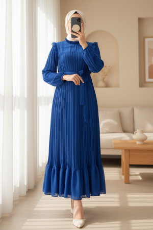 Önü Robalı Kolları ve Bedeni Piliseli Elbise      -Mavi