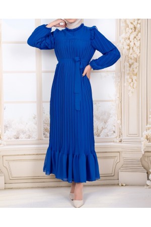 Önü Robalı Kolları ve Bedeni Piliseli Elbise      -Mavi