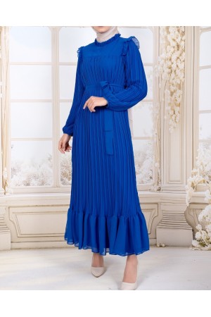 Önü Robalı Kolları ve Bedeni Piliseli Elbise      -Mavi
