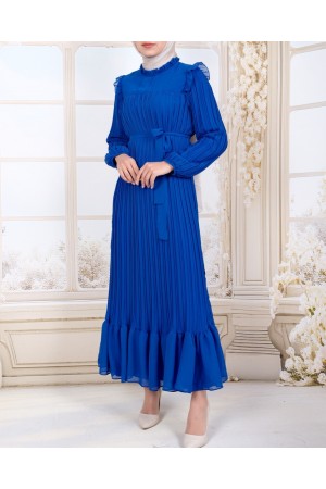 Önü Robalı Kolları ve Bedeni Piliseli Elbise      -Mavi