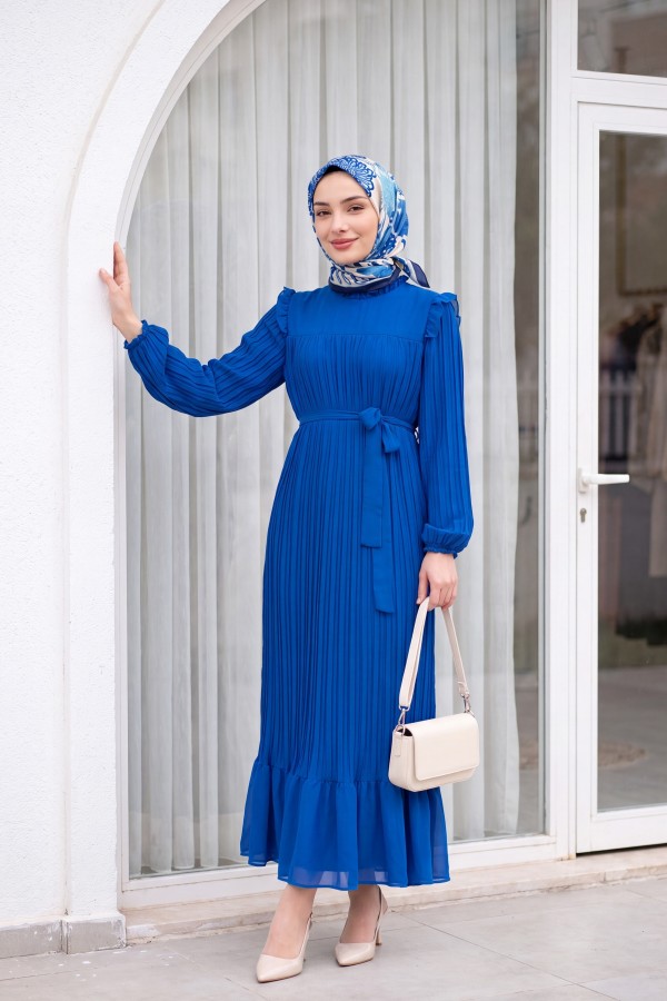 Front Robe Sleeves and Body Pleated Dress      -Blue