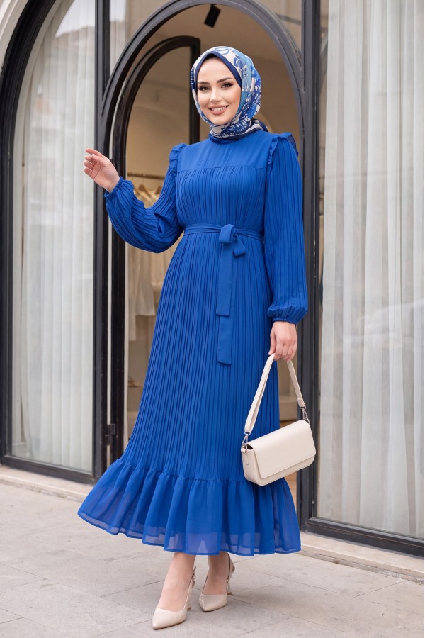 Front Robe Sleeves and Body Pleated Dress      -Blue