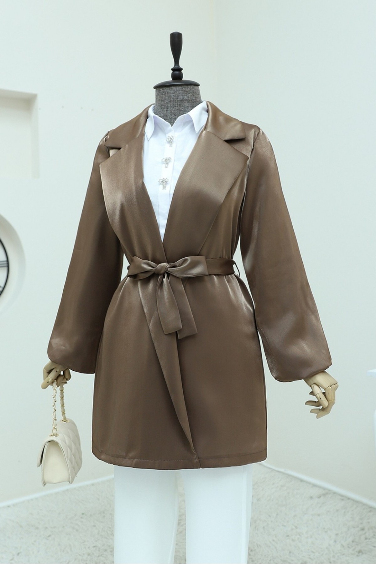 Lace-Up Satin Jacket with Flounce Sleeves -Brown