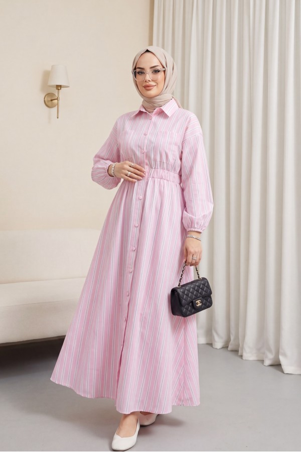 Front Buttoned Striped Dress with Elastic Waist -Pink