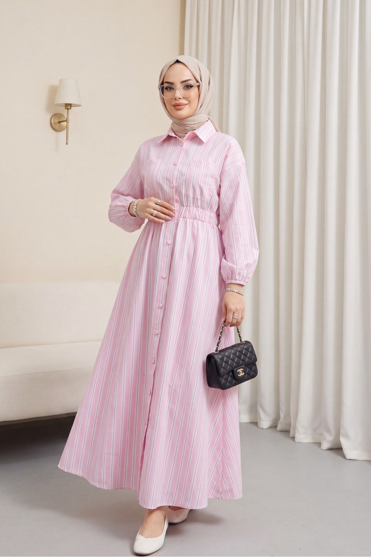 Önden Düğmeli Beli Lastikli Çizgili Elbise -Pembe