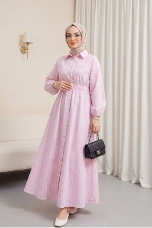 Önden Düğmeli Beli Lastikli Çizgili Elbise -Pembe