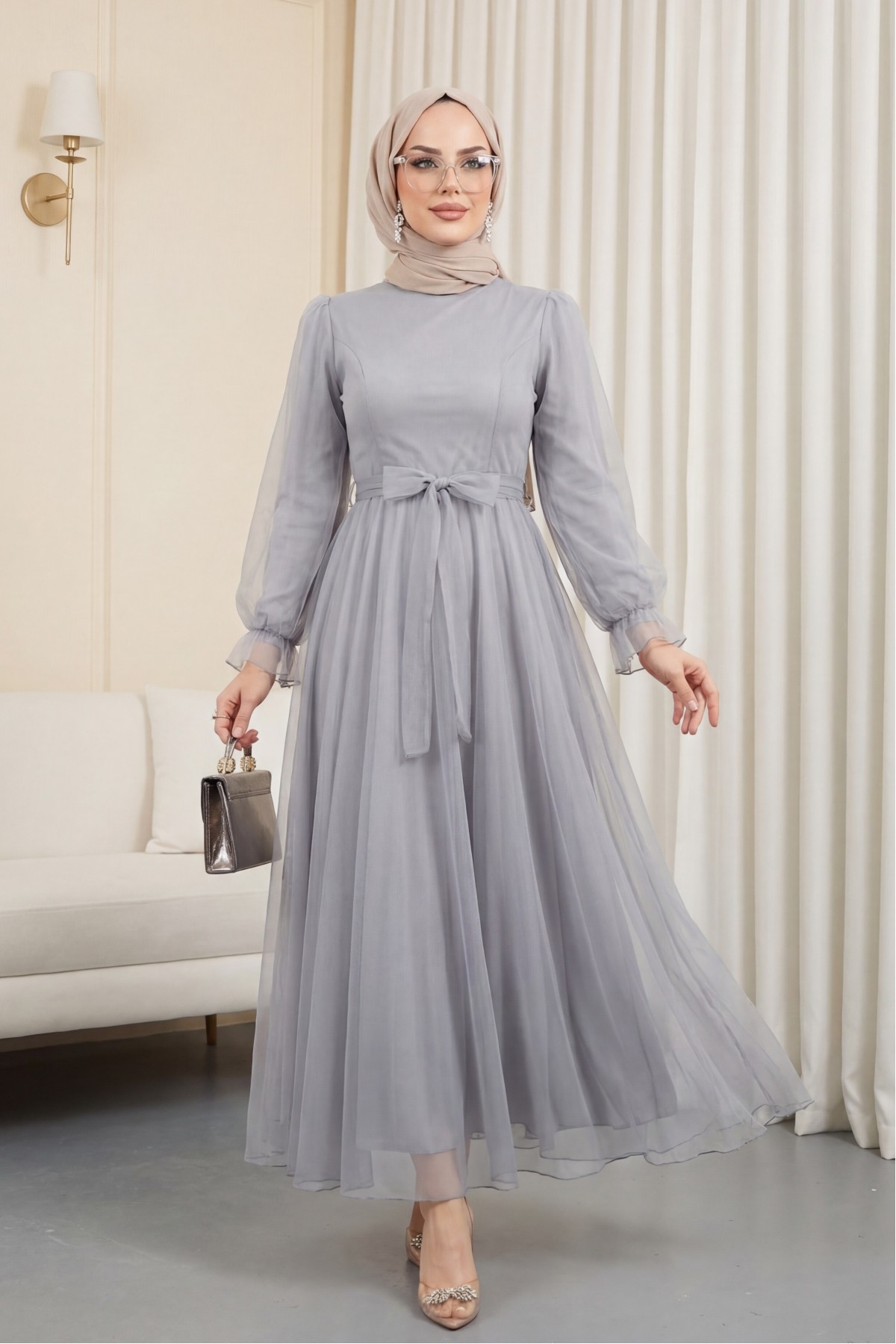 Belted Tulle Evening Dress with Fluffy Sleeves and Skirt  -Grey