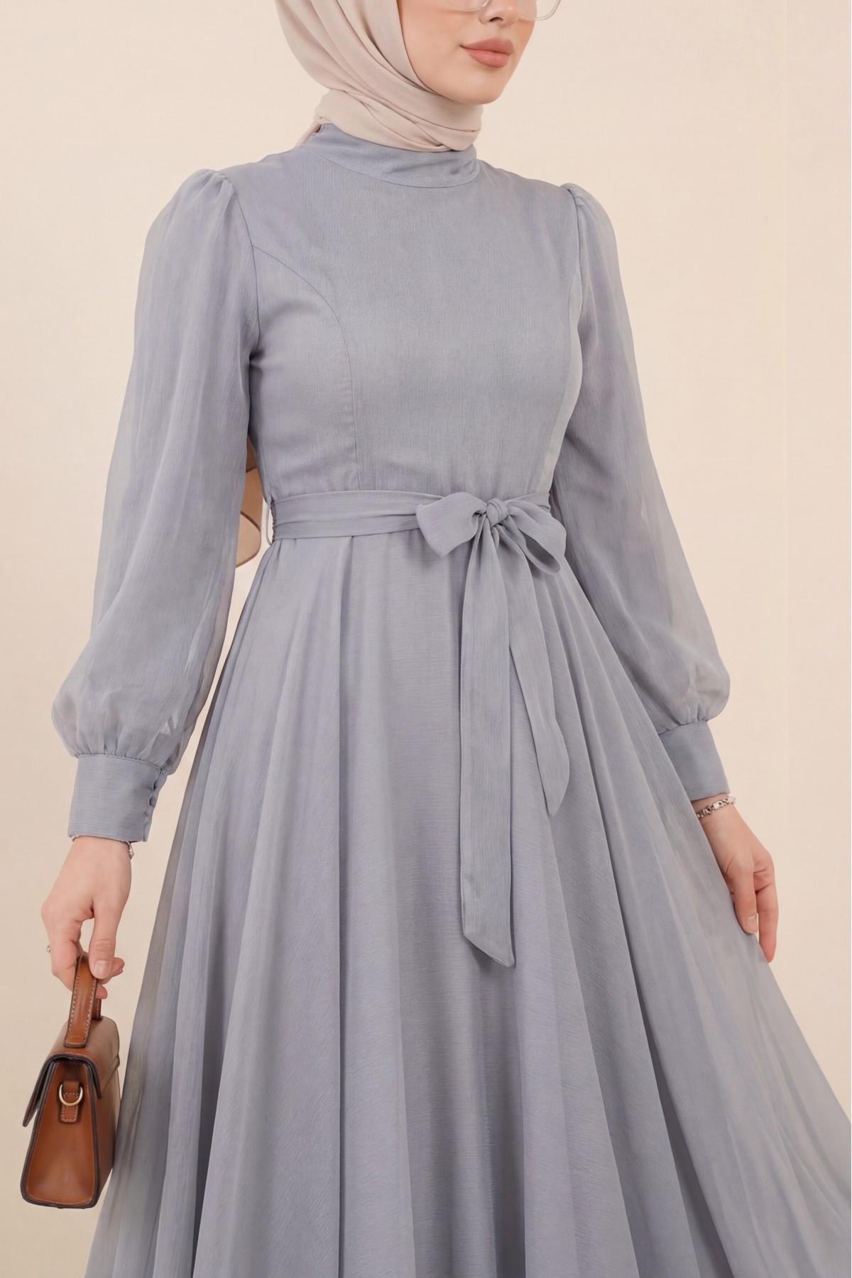 Belted Tulle Evening Dress with Fluffy Sleeves and Skirt  -Grey