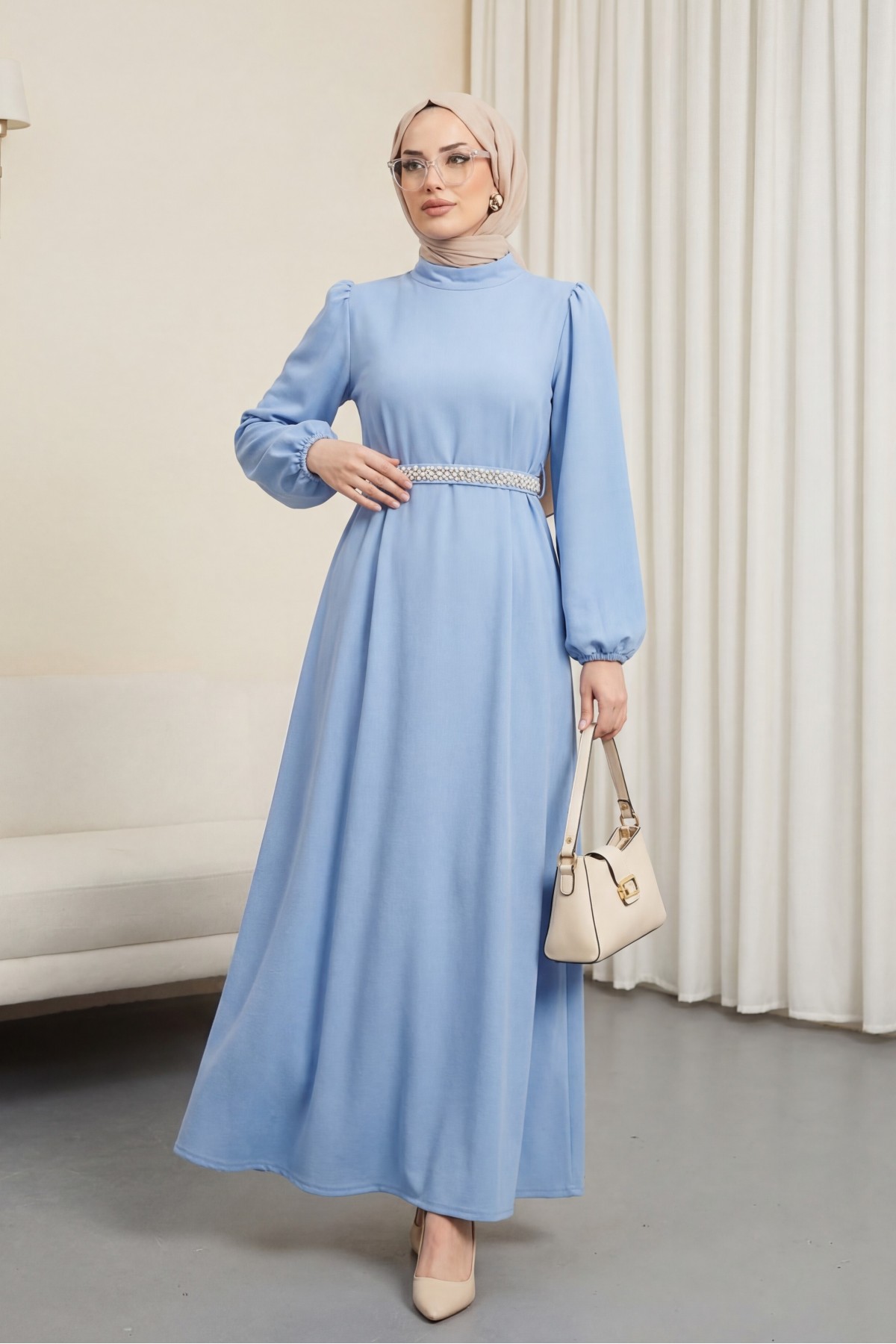 Magnificent Collar Balloon Sleeve Belted Dress -Baby Blue