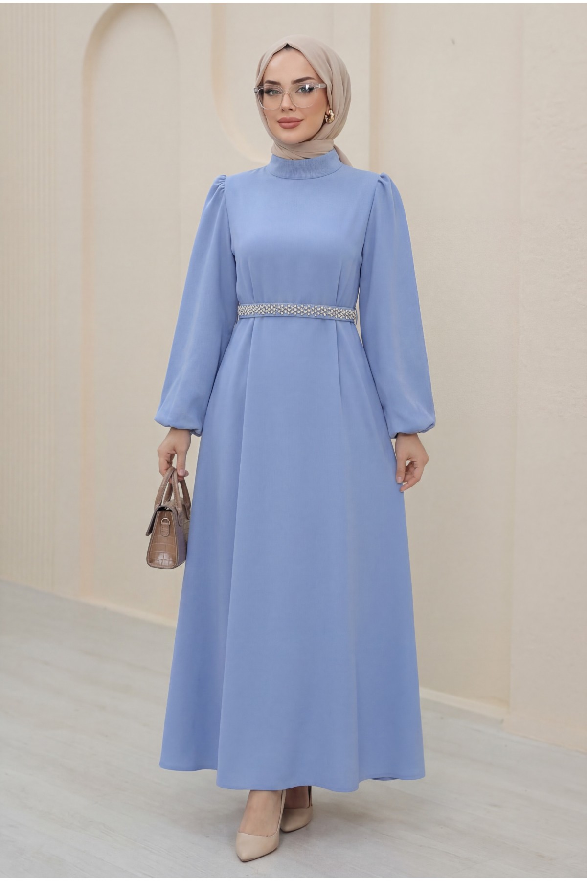 Magnificent Collar Balloon Sleeve Belted Dress -Baby Blue