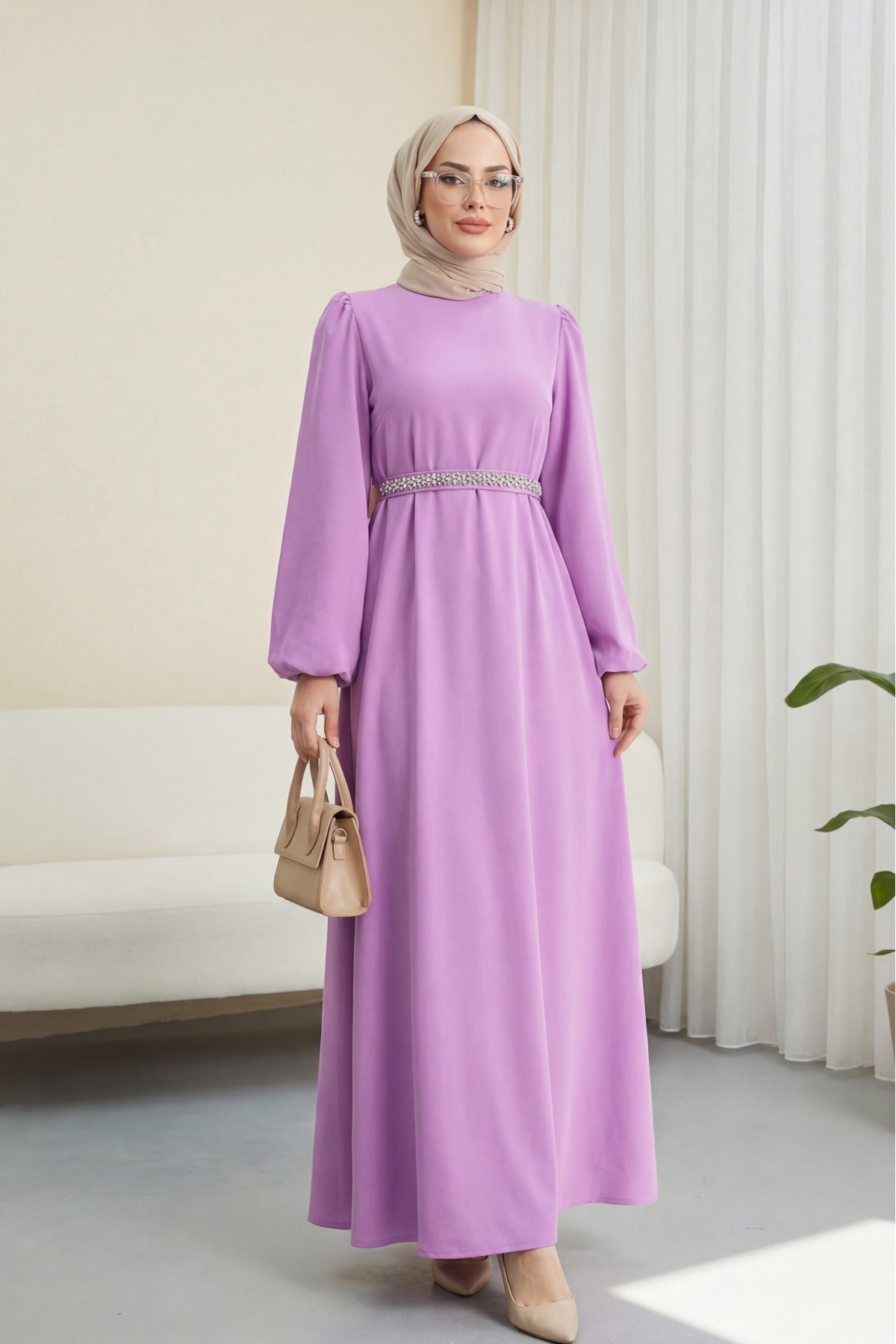 Magnificent Collar Balloon Sleeve Belted Dress -Pink