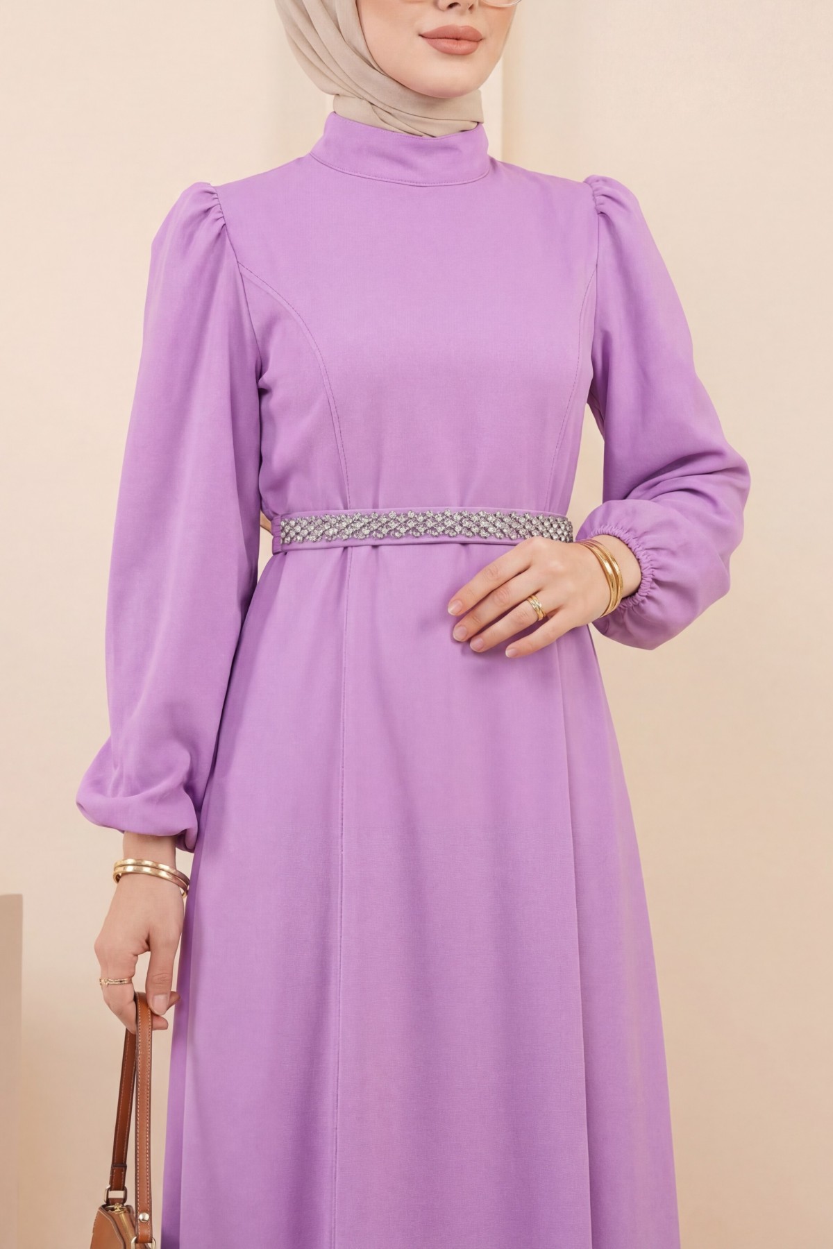 Magnificent Collar Balloon Sleeve Belted Dress -Pink