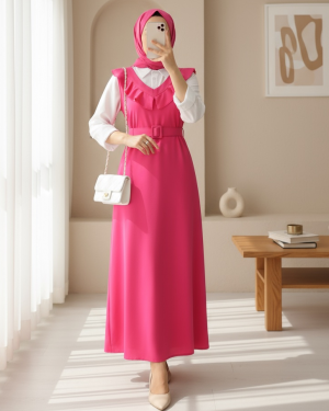 V Neck Long Gilet Dress     -Fuchsia
