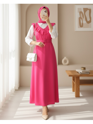 V Neck Long Gilet Dress     -Fuchsia