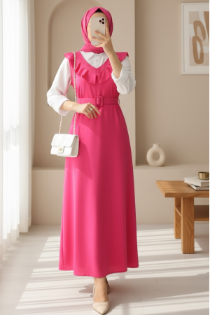 Yakası V Kemerli Uzun Jile Elbise     -Fuşya