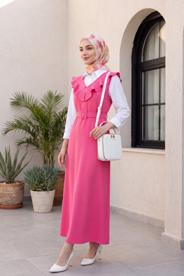 V Neck Long Gilet Dress     -Fuchsia