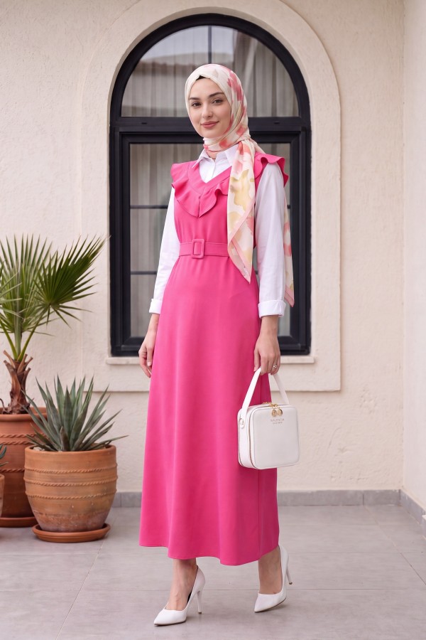 V Neck Long Gilet Dress     -Fuchsia