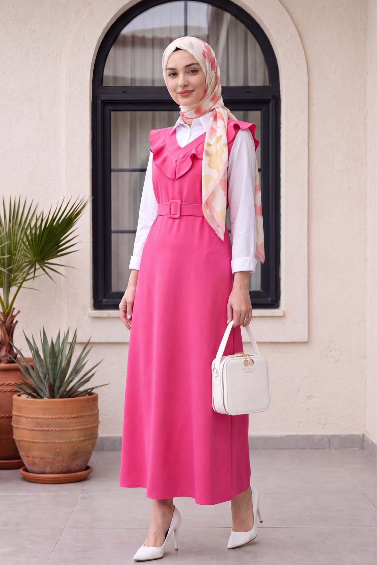 V Neck Long Gilet Dress     -Fuchsia