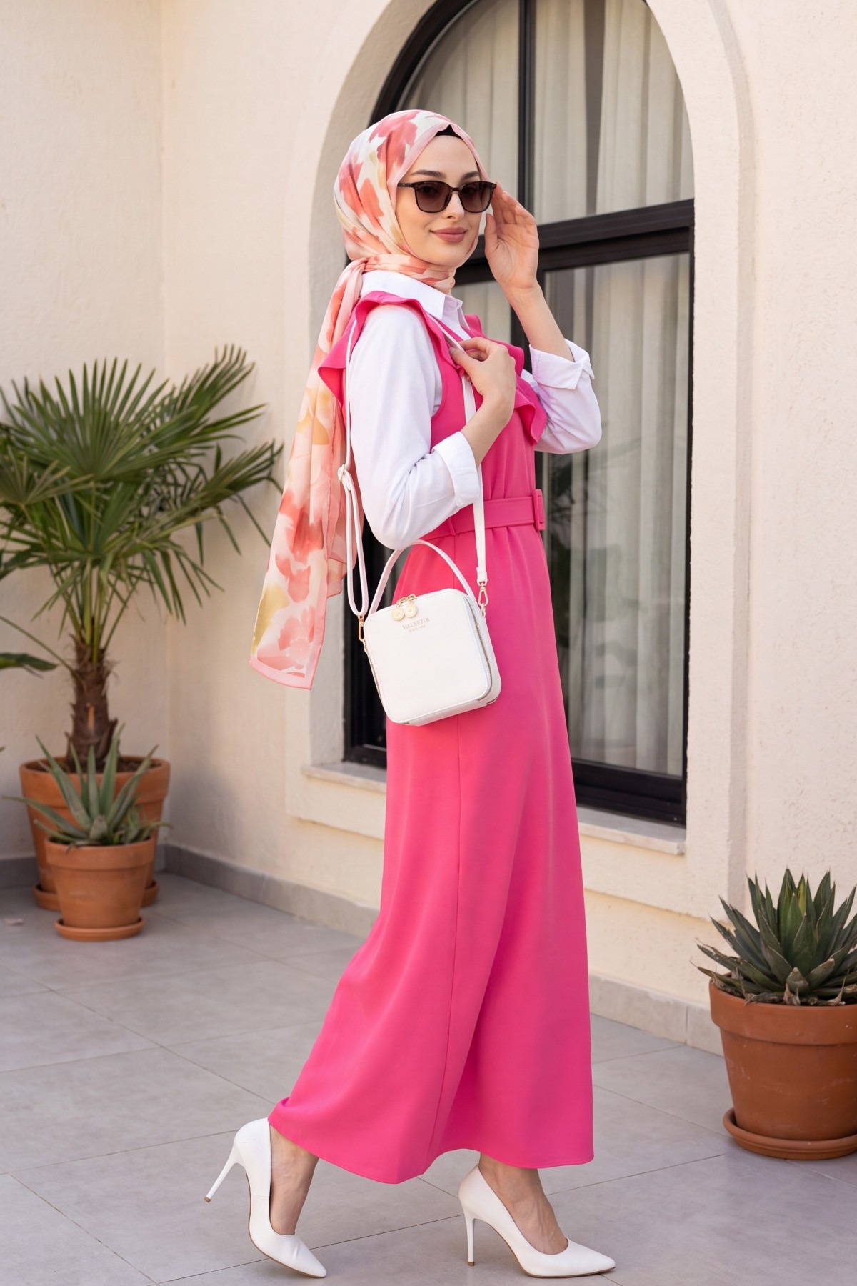 V Neck Long Gilet Dress     -Fuchsia