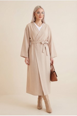 Önü Çift Bağlamalı Uzun Kap -Bej