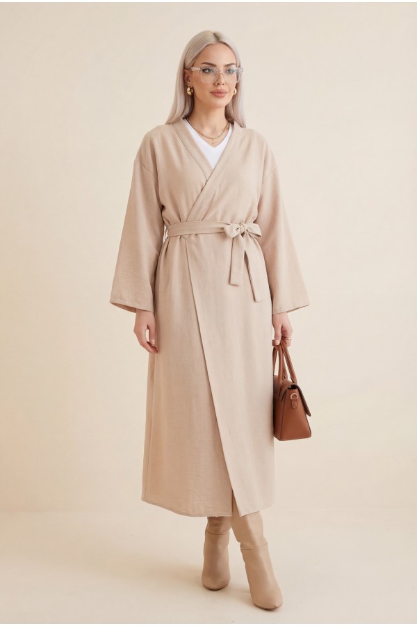Long Cape with Double Front Tie - Beige