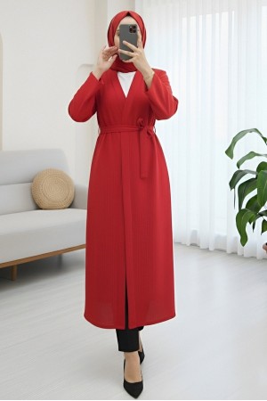 Önü Çift Bağlamalı Uzun Kap -Kırmızı