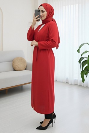 Önü Çift Bağlamalı Uzun Kap -Kırmızı