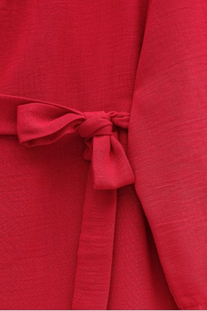 Önü Çift Bağlamalı Uzun Kap -Kırmızı