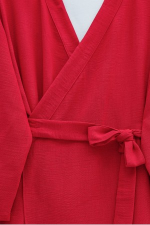 Önü Çift Bağlamalı Uzun Kap -Kırmızı