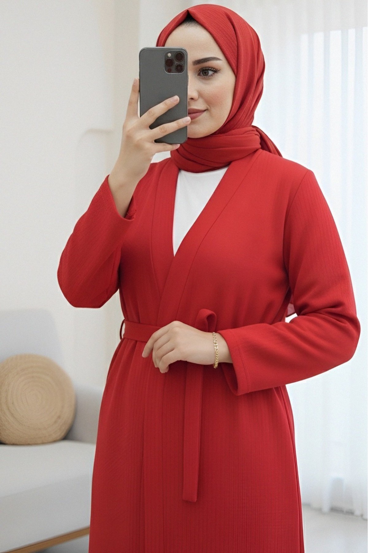 كيب طويل برباط أمامي مزدوج -أحمر