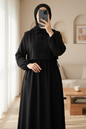 Üstü Gömlek Detaylı Elbise Takım -Siyah