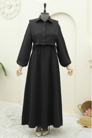 Üstü Gömlek Detaylı Elbise Takım -Siyah