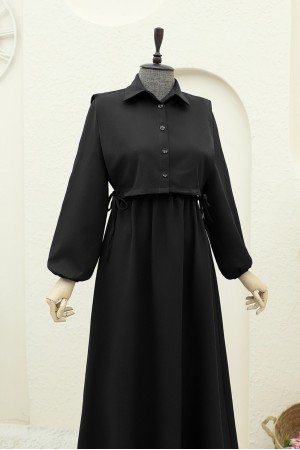 Üstü Gömlek Detaylı Elbise Takım -Siyah