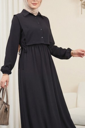 Üstü Gömlek Detaylı Elbise Takım -Siyah