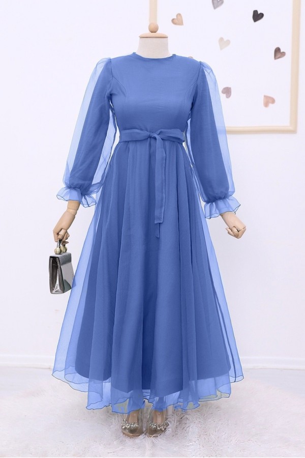 Belted Tulle Evening Dress with Fluffy Sleeves and Skirt   -Blue