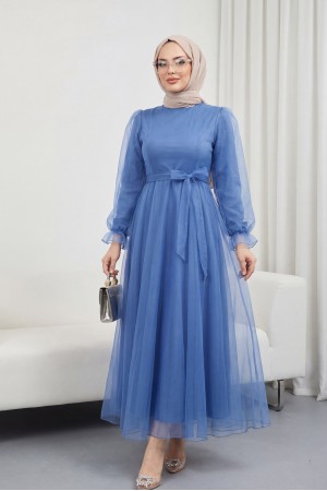 Kabarık Kol ve Etekli Kuşaklı Tül Abiye   -Mavi