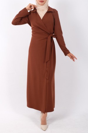 Önü Çift Kat Yandan Bağlamalı Elbise -Kahve