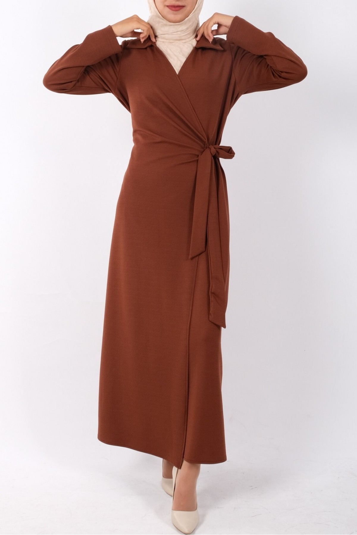 Front Double Layer Side Tie Dress -Brown