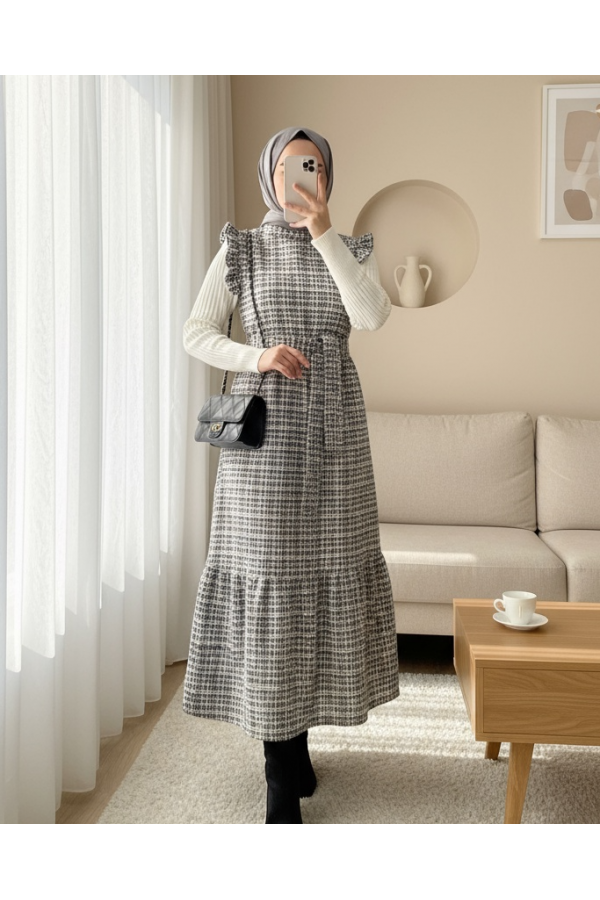 Kolları Fırfırlı Kemerli Tuvit Jile   -Krem