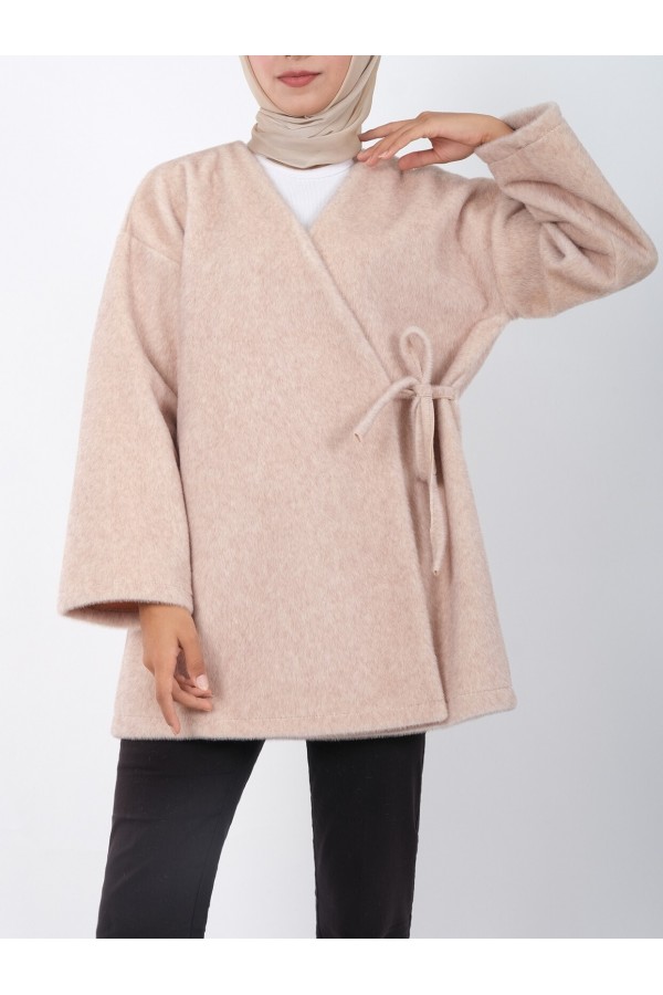 Side Tie Fur Jacket - Beige