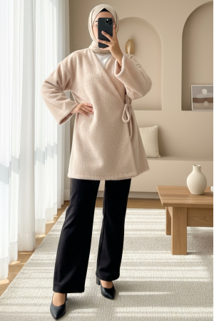 Side Tie Fur Jacket - Beige