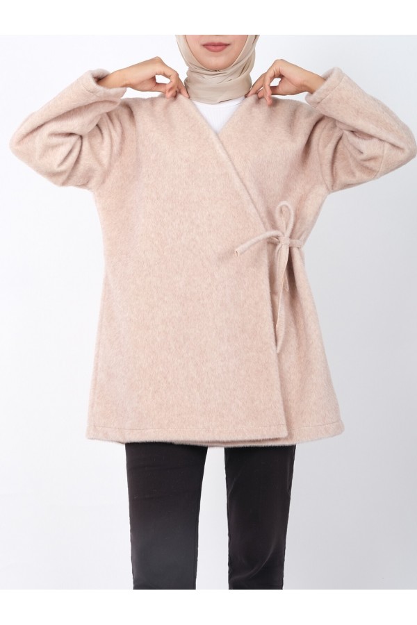 Side Tie Fur Jacket - Beige