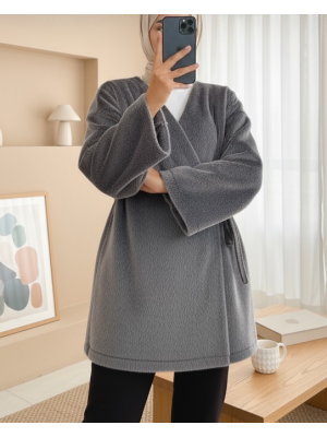 Yandan Bağlamalı Kürklü Ceket -Füme