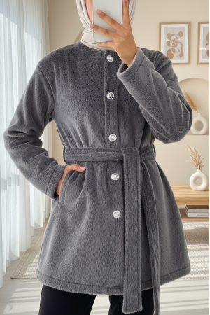 Buttoned Waist Tied Fur Jacket -Smoked 