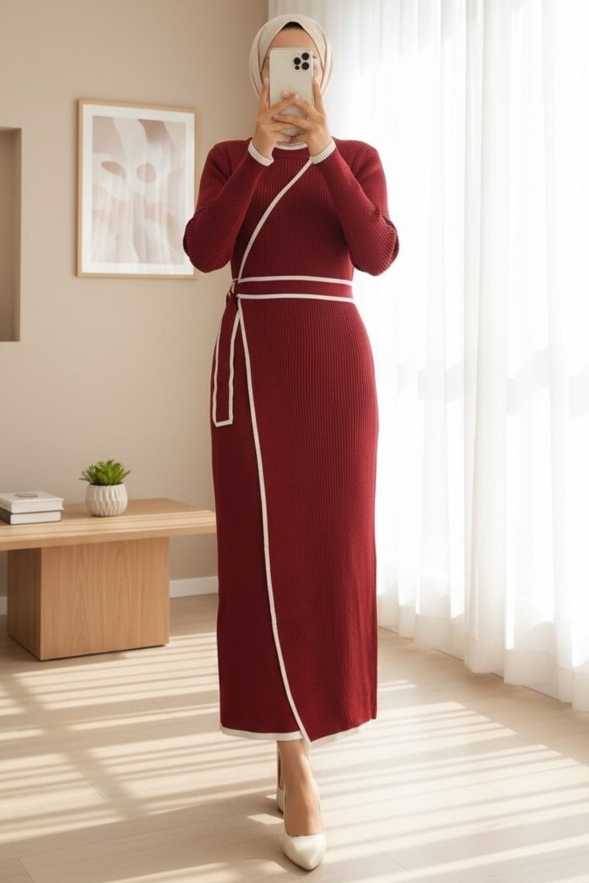 Side Tie Skirted Allerli Knit Dress -Maroon